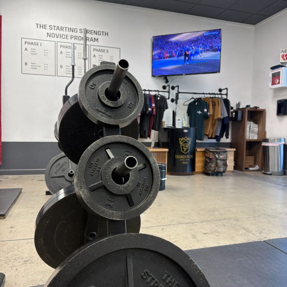 Weight plates and merchandise at The Strength Co.