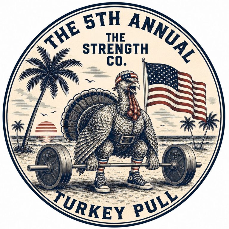 The 5th Annual Strength Co. Turkey Pull emblem, a turkey deadlifting a barbell in front of an American flag