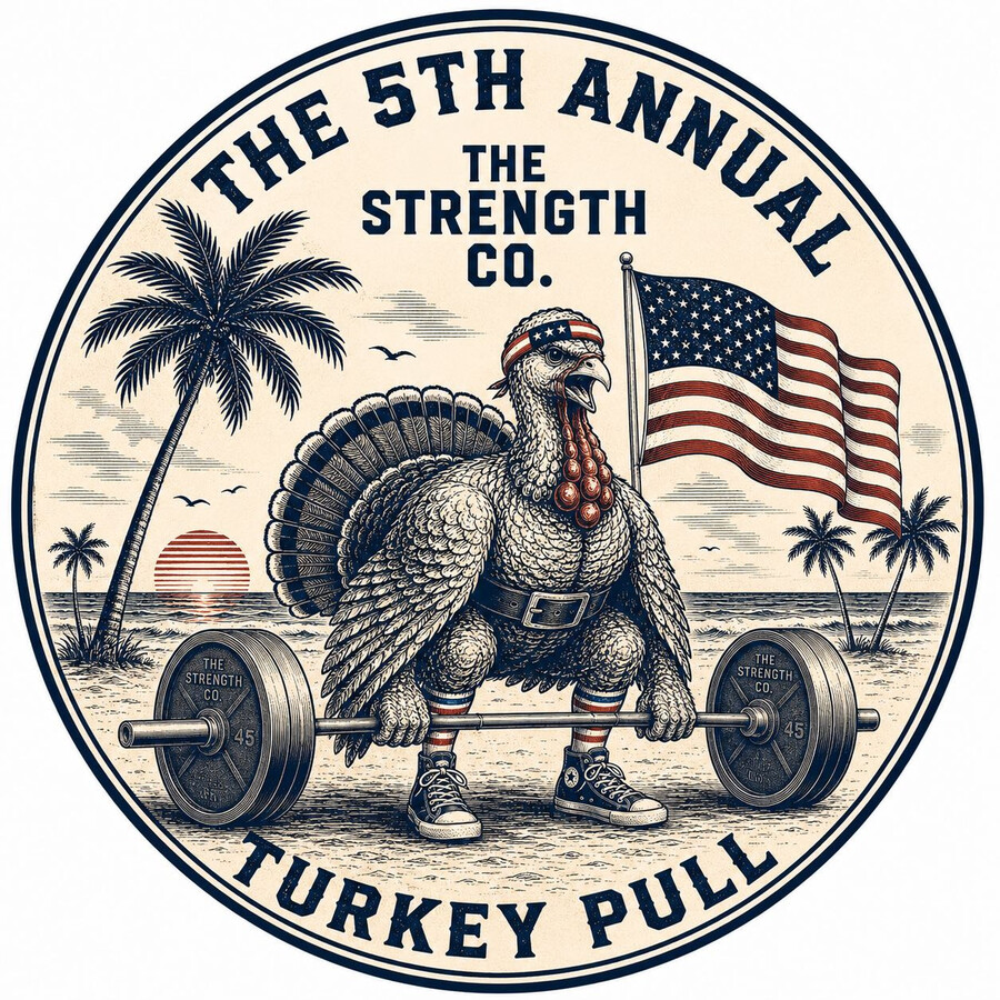 The 5th Annual Strength Co. Turkey Pull emblem, a turkey deadlifting a barbell in front of an American flag